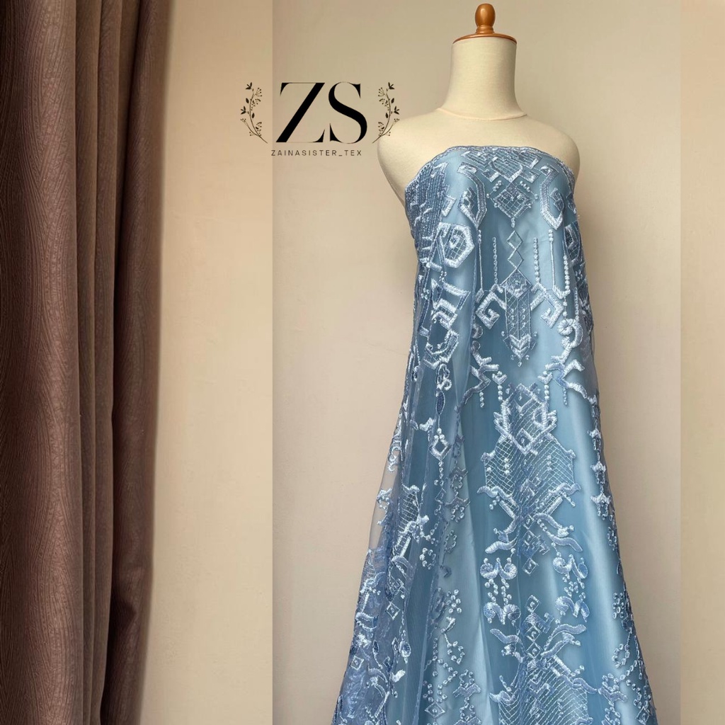 Tile Kebaya Exclusive Maison  Full Bordir by Designer Saptodjojo Warna Biru Muda Ice Blue