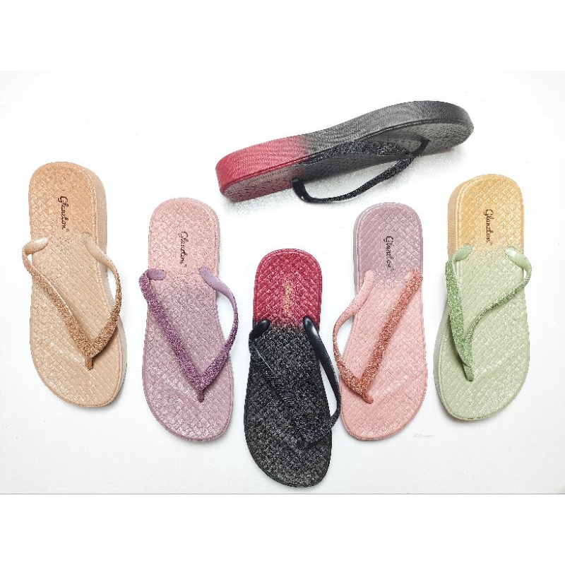GLANZTON 1960-3 SANDAL WEDGES IMPORT WANITA 3 CM CEWEK GLITTER BLING BAHAN KARET LENTUR ANTI SLIP