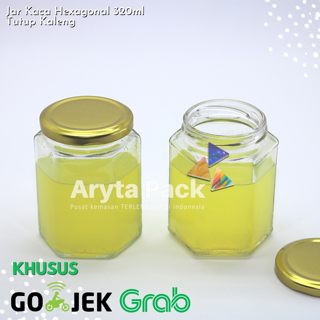 Jar kaca 320ml hexagonal glass jar toples madu tutup kaleng emas - new