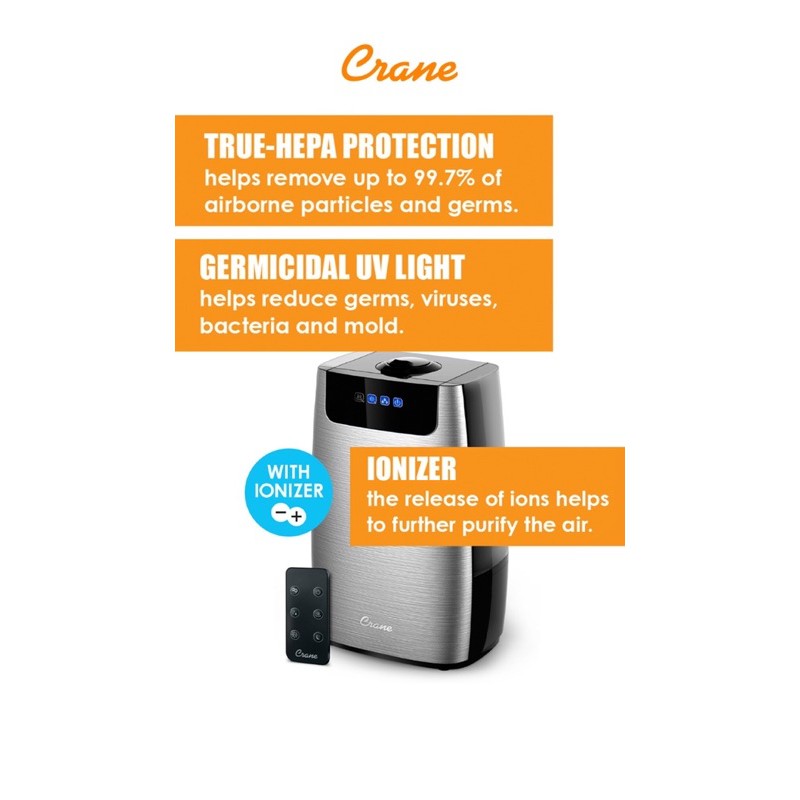 CRANE 4 IN 1 AIR PURIFIER AND HUMIDIFIER / Crane Humidifier 4 in 1 True Hepa EE-6908 / crane / PENGHARUM RUANGAN / PENYEGAR UDARA / PURIFIER / KESEHATAN UDARA / HEPA FILTER / IONIZER / ESSENTIALS OIL / ORIGINAL / BARU / CRANE MURAH / GARANSI RESMI