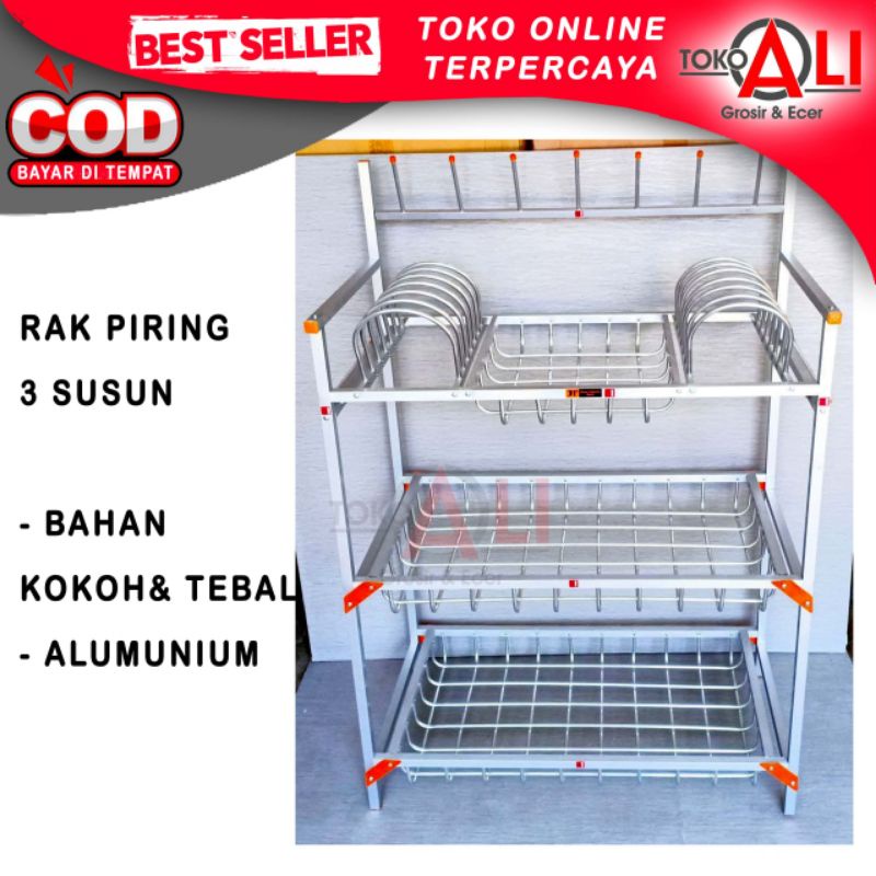 rak piring aluminium tebal 3 susun tempat piring rak dapur aluminium