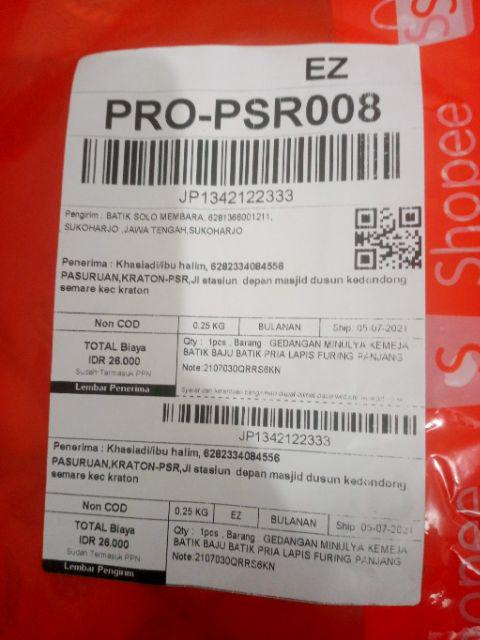 Gedangan Minulya Kemeja Batik Baju Batik Pria Lapis Furing Panjang Pendek