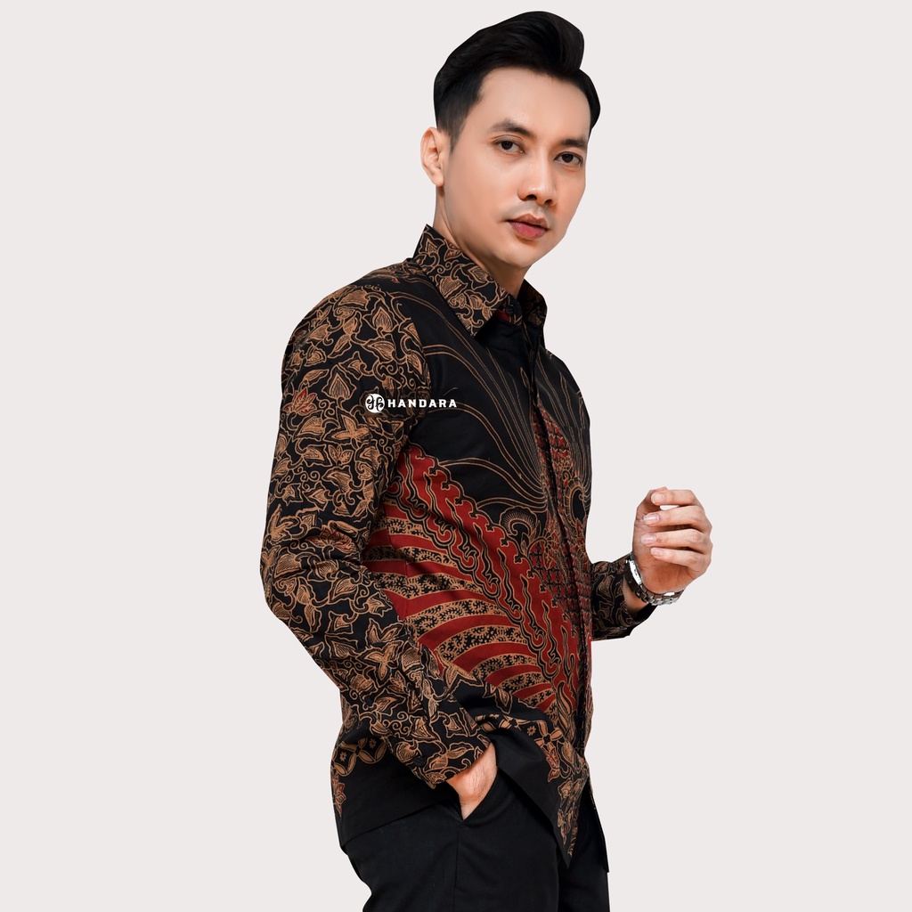 Baju Kemeja Batik Pria Lengan Panjang Slim Fit Premium Modern Full Furing Katun Halus Original Handara Motif Benang Sari Merah Maroon HB-140