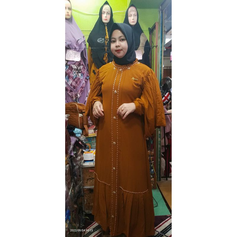 Gamis Polos Dk Production 002 Mutiara Payet Full Ceruty Babydoll Double PURING Payet Terbaru Mewah E