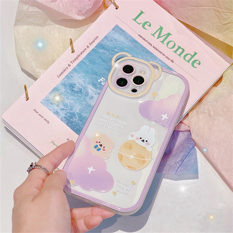 Soft Case TPU Transparan Motif Bulan Kelinci Beruang Untuk iPhone 13 12 11 Pro Max X Xr Xs Max SE 2020 8 7 6 6s Plus