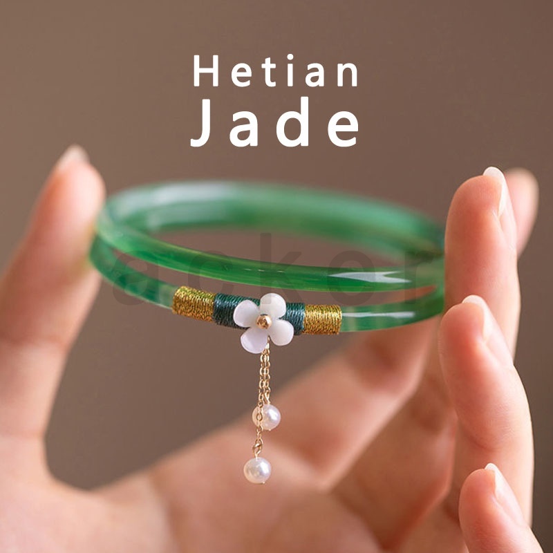 2pcs / set Gelang Tangan Manik-Manik Batu Jade Hetian Natural Untuk Wanita