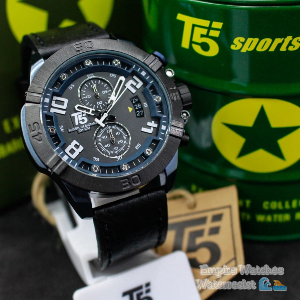 Jam Tangan T5 H3637G H3637 3637 Pria Cowok Chrono dan Tanggal Aktif Strap Leather Original Waterproof