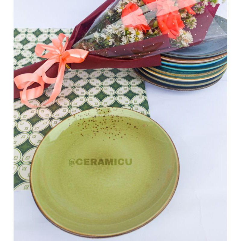 PIRING MAKAN KERAMIK MURAH / SALAD PLATE RUSTIC ukuran 21cm-Green