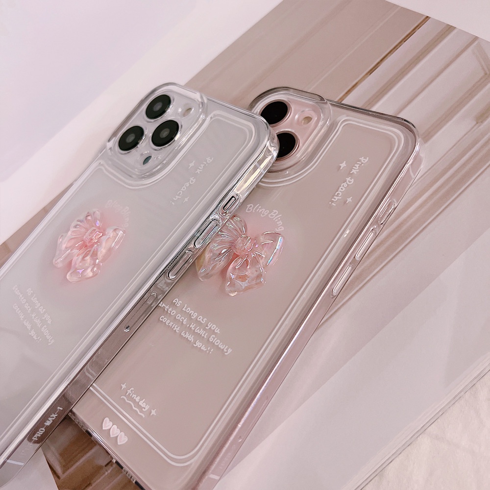 Soft Case Pelindung Desain Pita Kristal Pink 3D Transparan Untuk Iphone 7 8 PLUS X XR XS 11 12 13 14 MINI PRO MAX SE 2020