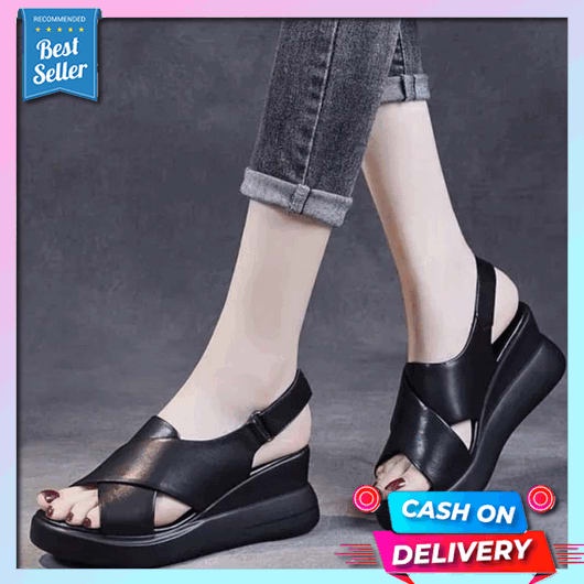 Sandal Wedges Terbaru Jumbo Branded Elegant Tebal Kulit C2M7 Fashion Ori Murah Polos Import Santai P