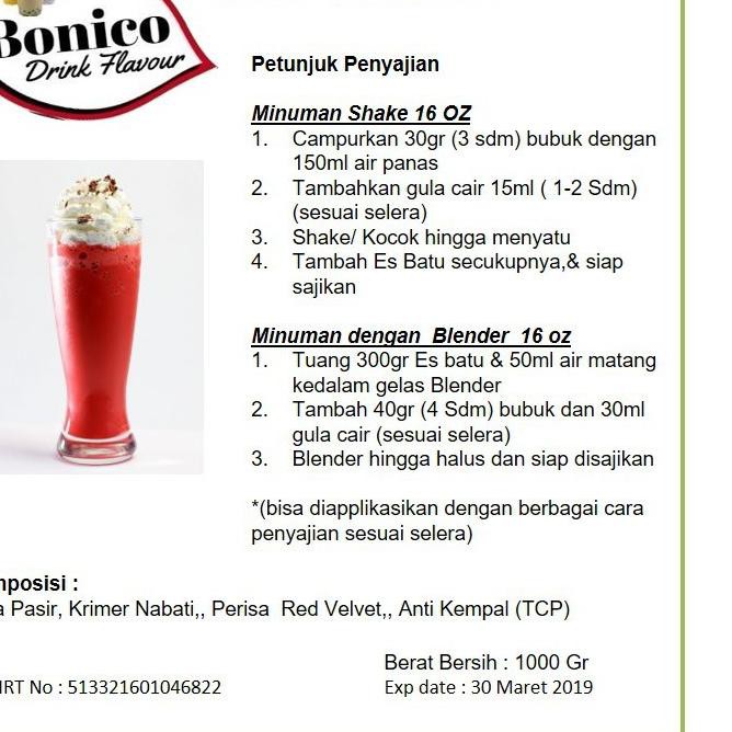 

SALE!! KODE-234 BONICO RED VELVET powder 1KG Bubuk minuman drink flavor powder Ice Blend Milk Shake