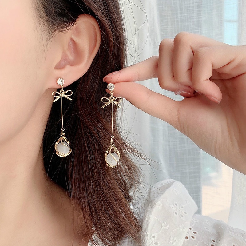 1 Pasang Anting Gantung Panjang Tusuk Silver Sterling 925 Gaya Korea Motif Simpul Pita + Opal Untuk Wanita