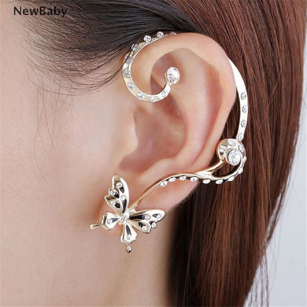 Newbaby 1 Pasang Anting Klip On Wanita Desain Kupu-Kupu Hias Kristal