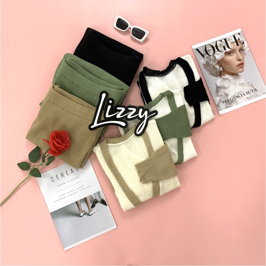 Lizzy - ONE SET RAJUT TWO TONE CARDIGAN DAN ROK KNIT PREMIUM