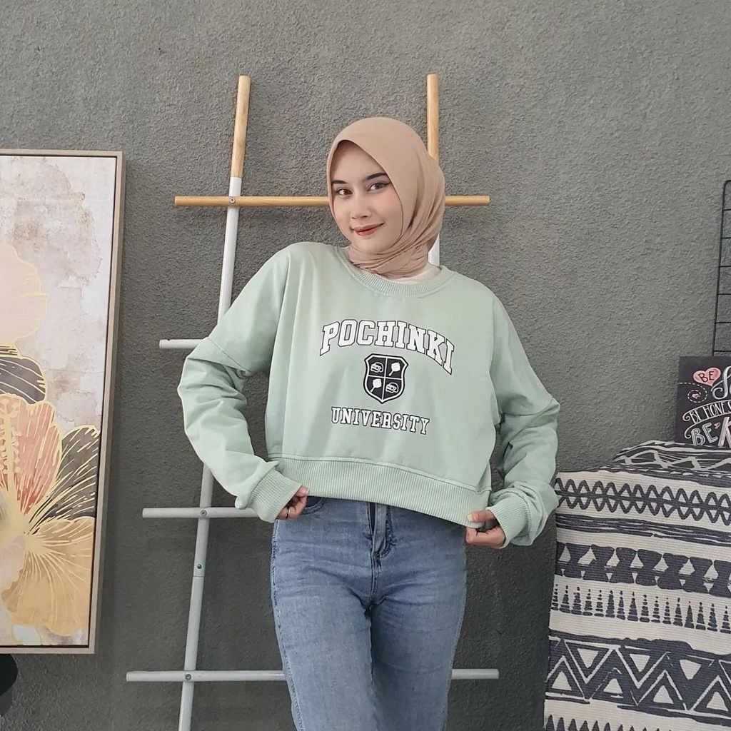 Sweaterr Crop Wanita Motif Pochinky Bahan Pleece Korea Style