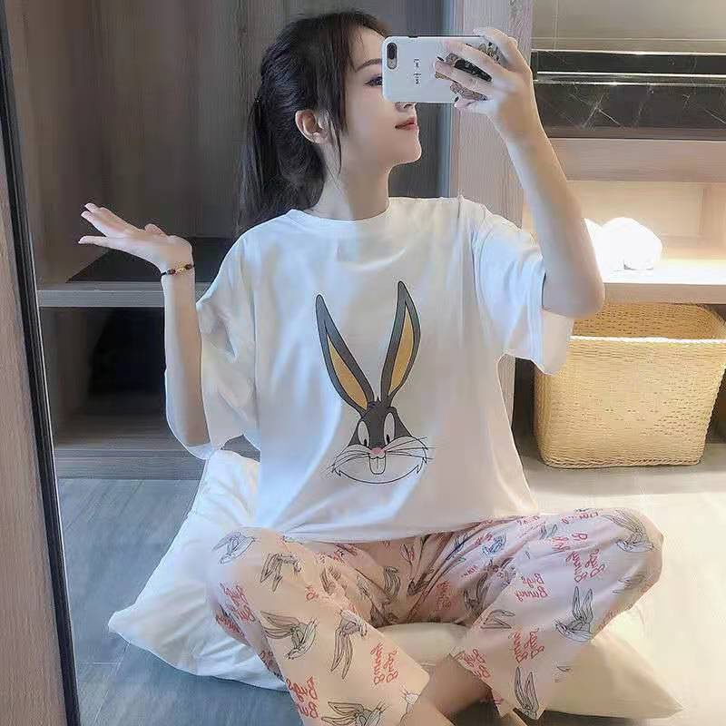 Piyama Oversize Bahan Kaos Lengan Pendek Baju Tidur Wanita pakaian tidur wanita kaos set baju tidur wanita piyama-Bunny