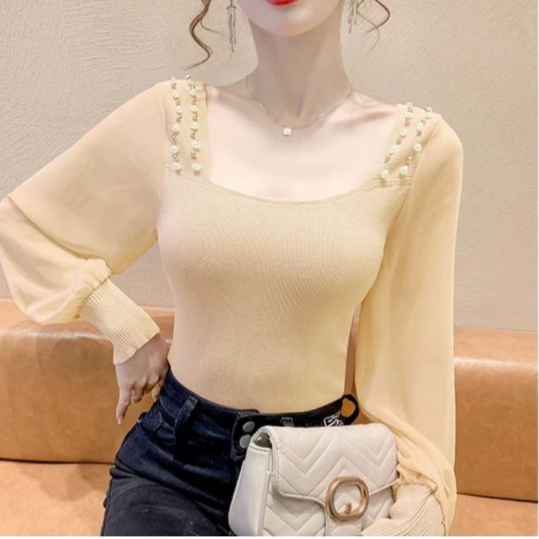 13508 Baju Blus blose blouse lengan panjang balon kerah kotak Mote rajut sifon import wanita terbaru