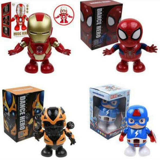 Robot mainan super hero iron man avengers spiderman bumble bee captain america bisa jalan joget