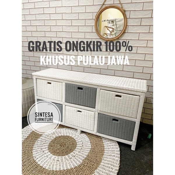 rak tv laci serbaguna rotan sintetis isi 6 laci/lemari rotan sintetis/lemari baju anak