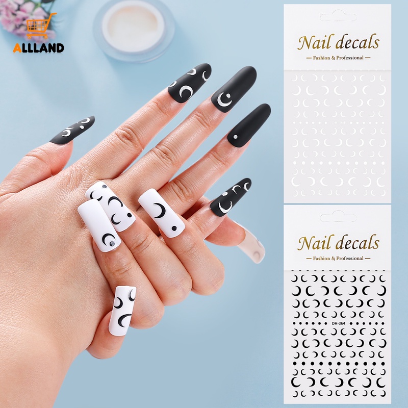 Stiker Kuku Bentuk Bulan Sabit Warna Hitam Putih Untuk Manicure