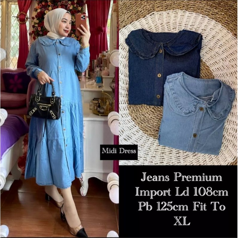 Cod Dress Midi Jeans Kekinian MIDI Dress Denim Wanita