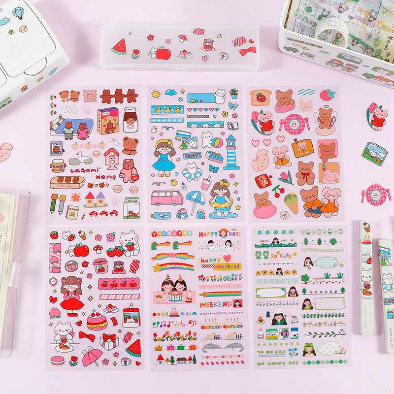 imoda 6 lembar / pack PVC Stiker Kartun Lucu DIY Scrapbooking Dekorasi Stiker Stasioner