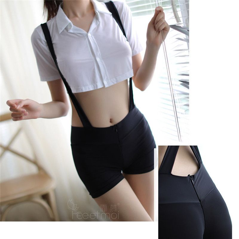 Kostum Seragam Sekolah Cosplay Jumpsuit Hotpants Bib Suspender Set Crop Top