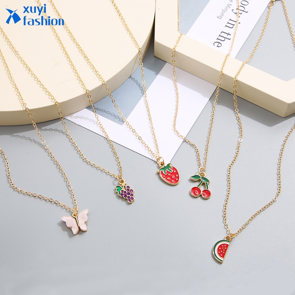 5pcs / Set Kalung Choker Rantai Emas Dengan Liontin Buah Butterfly Untuk Wanita