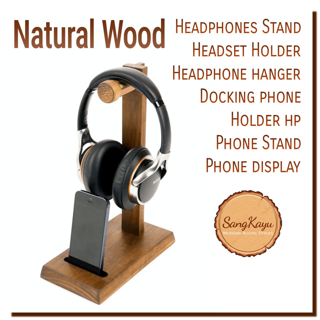 Gantungan headphone kayu M-6 Wooden Headphones hanger + docking phone