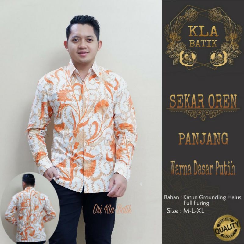 Kemeja Batik Lengan Panjang Pria SEKAR OREN PANJANG Warna Dasar Putih Bahan Katun Halus Full Furing