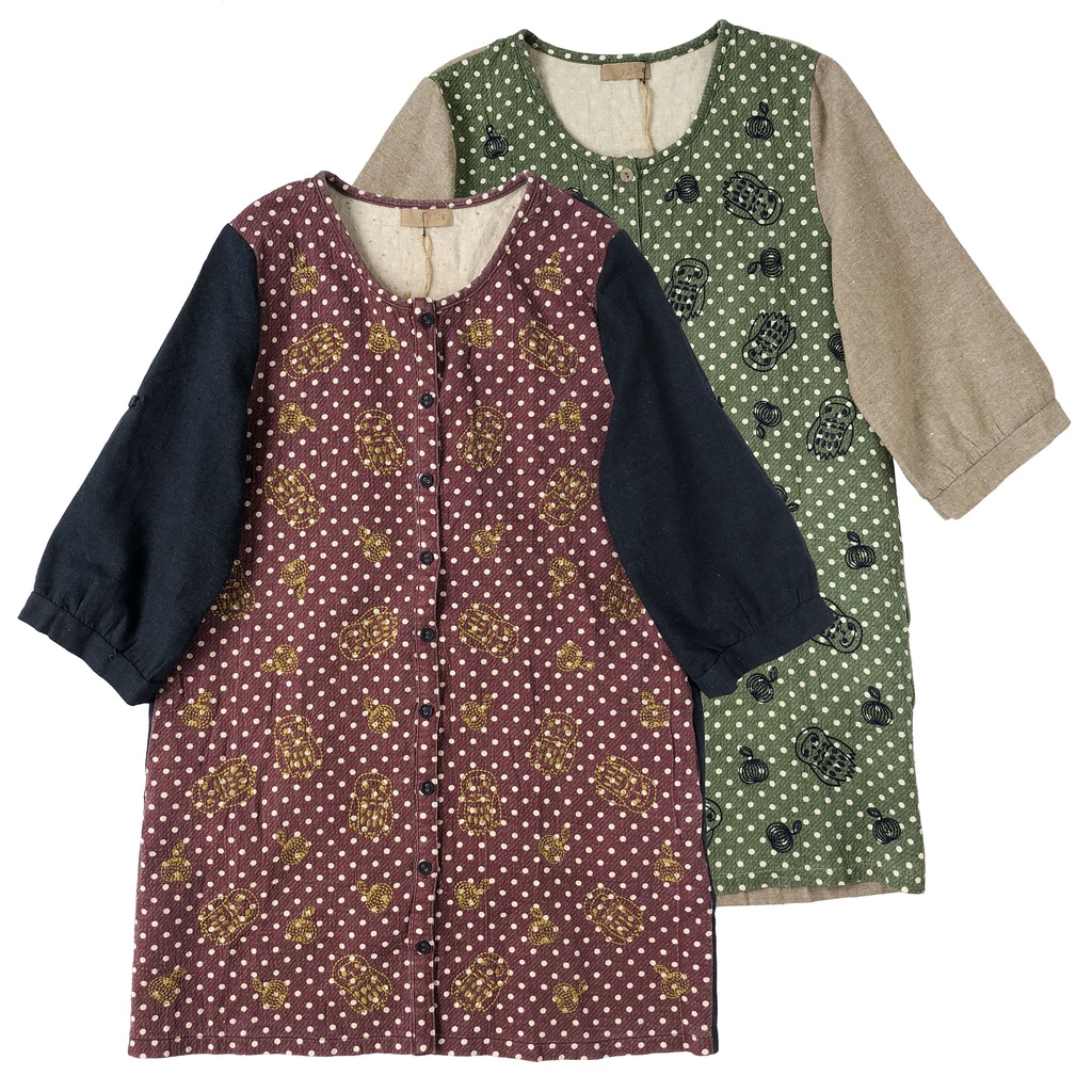 DRESS TUNIK LINEN POLKA DOT BORDIR OWL MERAH BIRU HIJAU KREM KOREA