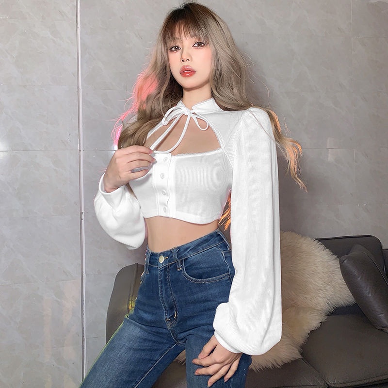 #Sisjuly# Wanita Perancis Retro Lengan Puff Sweater Rajut Desain Hollow Slim Fit Slim Top Wanita Len