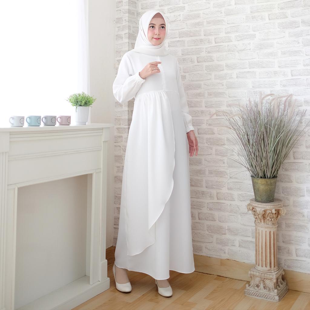Modesee Gamis Putih Hitam Polos Basic Layer Busui Wanita Muslim Mina Dress, Gamis S M L XL XXL, Gamis Jumbo 2XL 3XL 4XL 5XL-Broken White 3XL