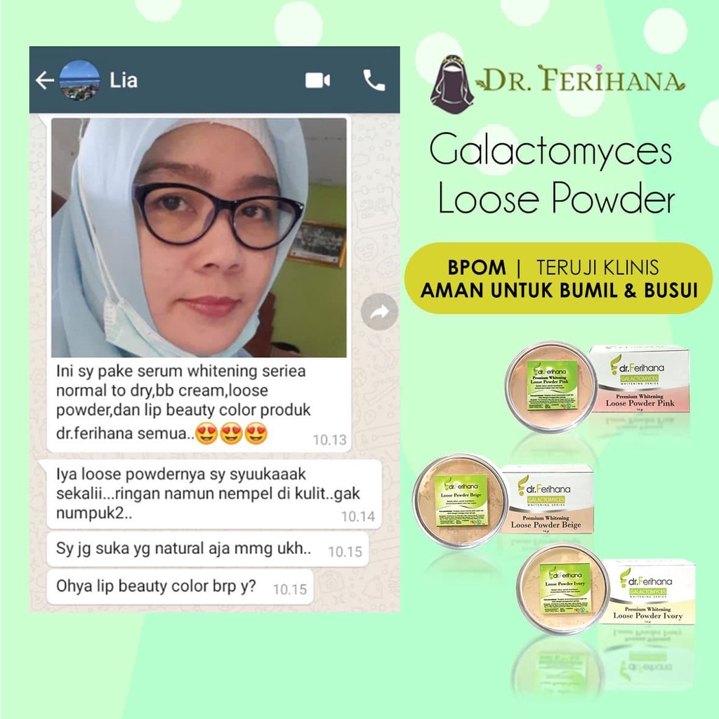 Premium Whitening Loose Powder Translucent dr. Ferihana Cosmetics &amp; Skincare Bedak Tabur dengan Teksture Lembut tidak Menutup Pori Pori cocok untuk kulit Normal Kering Berminyak Berjerawat Sensitif