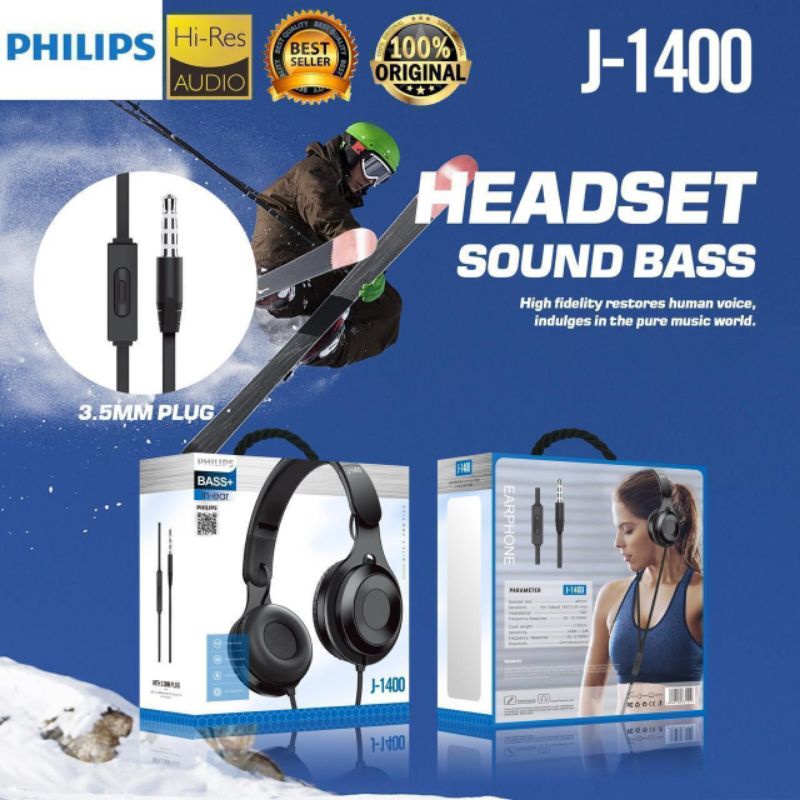 Headphone Headset Bando Philips + MIC J-1400 Stereo Bass J 1400