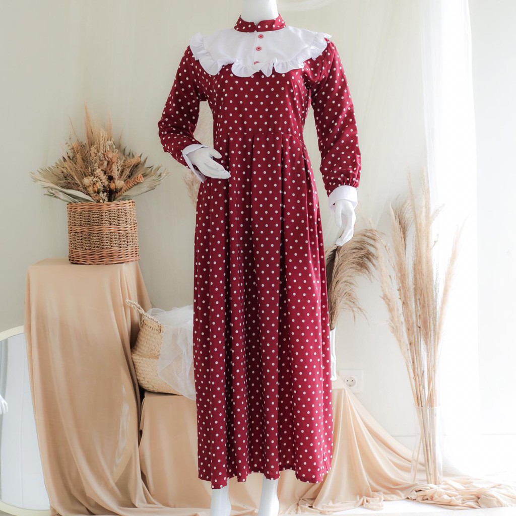 GAMIS YASMEEN DEWASA UKURAN S-XL WARNA MAROON/ GAMIS DEWASA/ BAJU MUSLIM/ BAJU KEKINIAN/ GAMIS POLKA