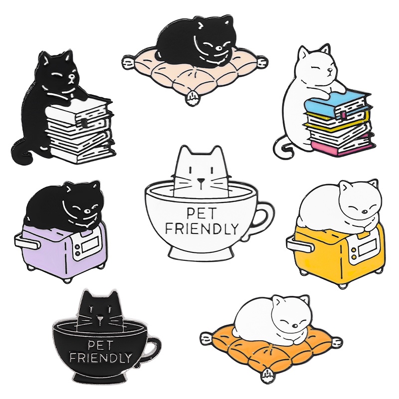 Bros Pin Enamel Desain Kartun Kucing / Buku / Cangkir Air Untuk Aksesoris Pakaian