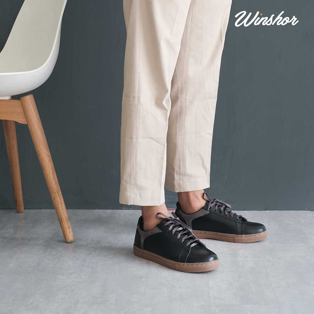 Sepatu Sneakers Kulit Pria - Winshor - Onyx - Black Grey Gum