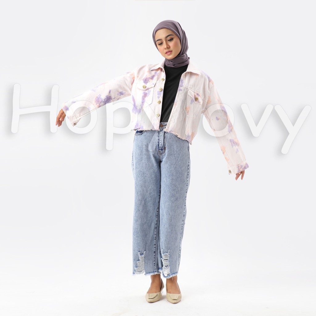 HOPYLOVY - Jaket Jeans Wanita Motif Tie Dye Sunrise