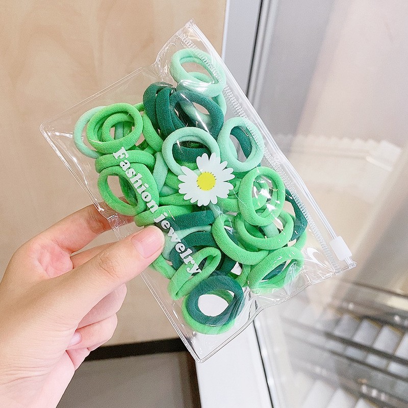 OVERFLOWS.ID 50 Pcs Tali Rambut Donut Dengan Pouch Bunga Daisy Import Ikat Rambut Set Import-Hijau Daisy