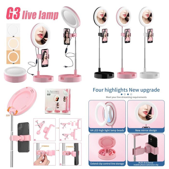 Ring light Cermin G3 Live Tiktok Led Selfie Fill Light and Mirror Kaca Make up lipat Tripod