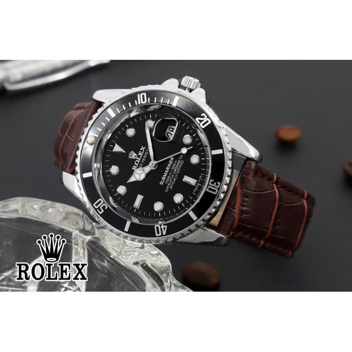 Jam Tangan Pria Rolex Submariner Leather Brown plat Black
