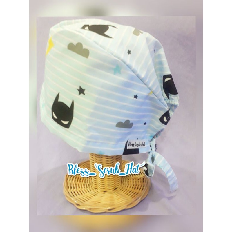 Topi Bedah / Nurse Cap/ Sugical cap/ Topi Motif/ Batman Logo Biru muda