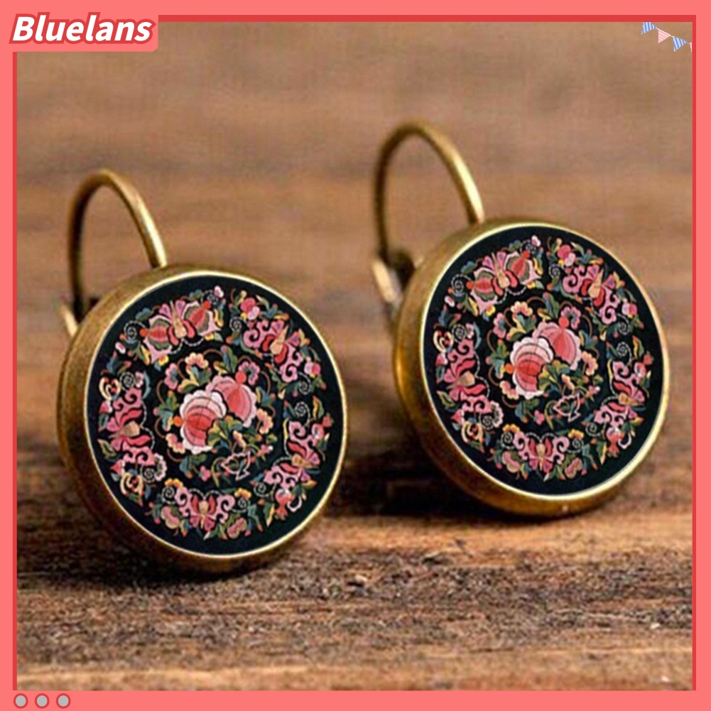 Bluelans Anting Klip Bentuk Bulat Motif Bunga Mandala Gaya Retro Untuk Wanita