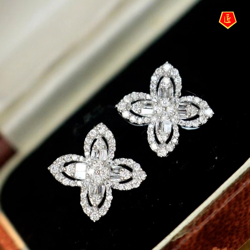 [Ready Stock]Female Niche Diamond Clover Ear Stud Necklace Ring Set