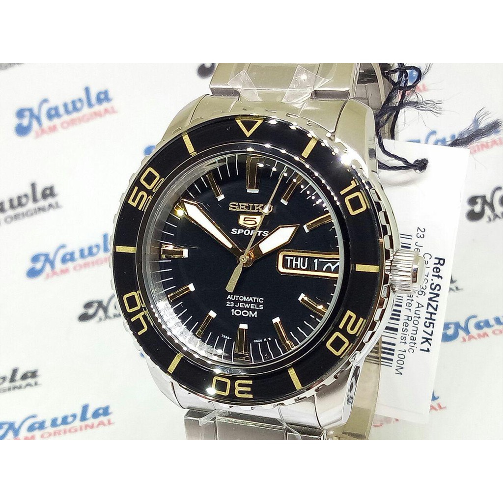 Seiko 5 Sports SNZH57K1 Automatic Black Gold - Jam Tangan Pria SNZH57