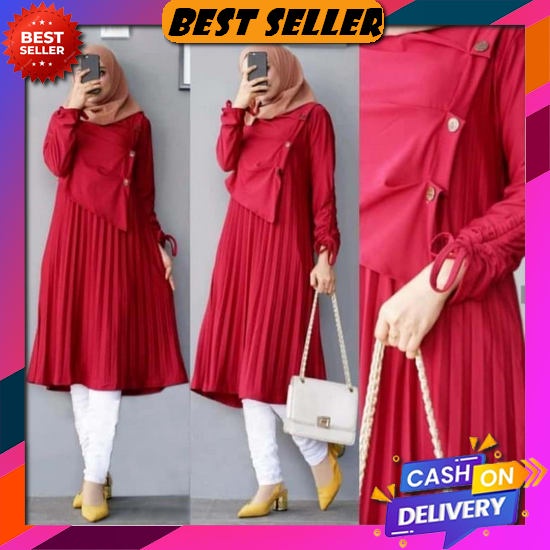 Promo Murah Tunik Wanita Litta Lengan Panjang Garis Garis - Midi Tunik Cewe Pinggang Tali Serut Baha