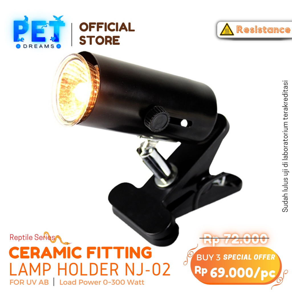 PROMO FITTING LAMPU CERAMIC PENDEK UVA UVB JEPIT NOMOY REPTILE SULCATA TORTO IGUANA NJ02