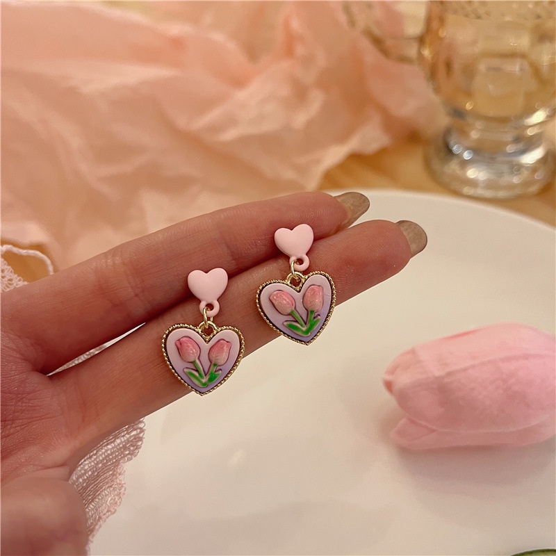 Anting Tusuk Motif Bunga tulip Warna Pink Untuk Wanita