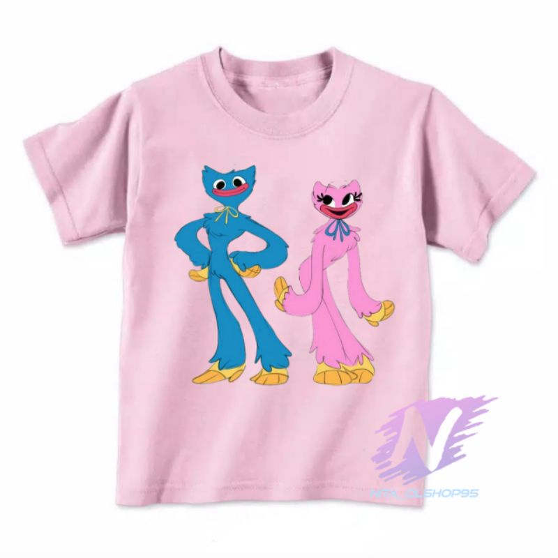 kaos anak huggy wuggy karakter biru dan pink